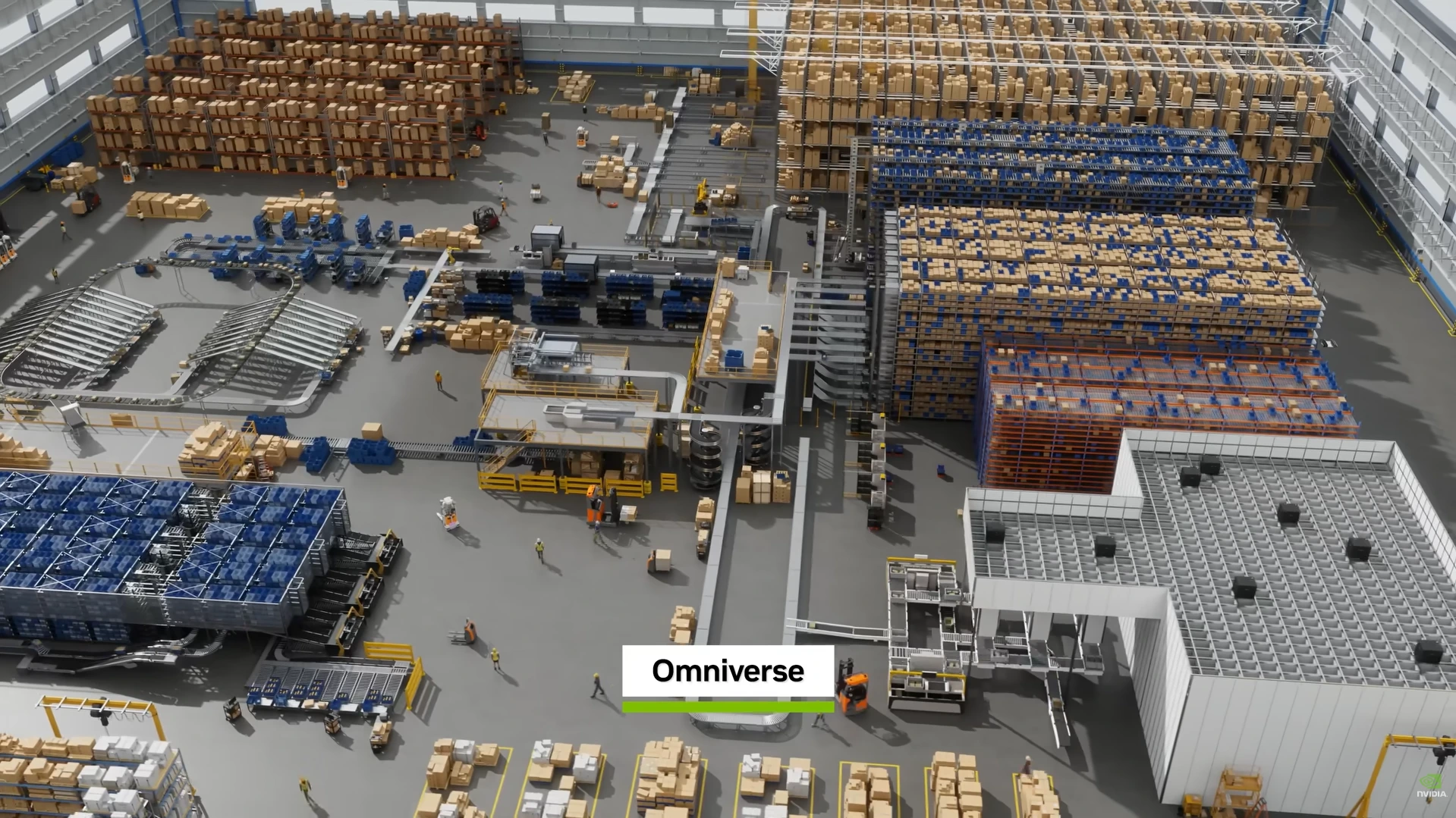 Aerial visualization of sensor coverage in a logistics warehouse using NVIDIA Omniverse digital twin.
