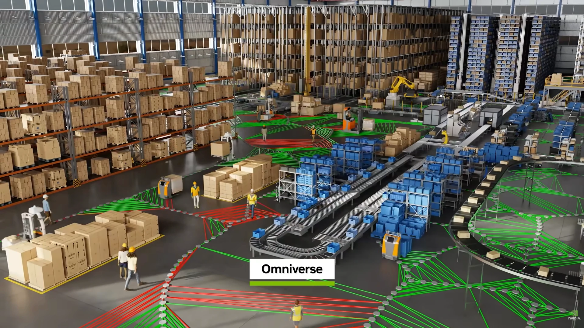 Overview of an industrial facility simulated with NVIDIA Omniverse.