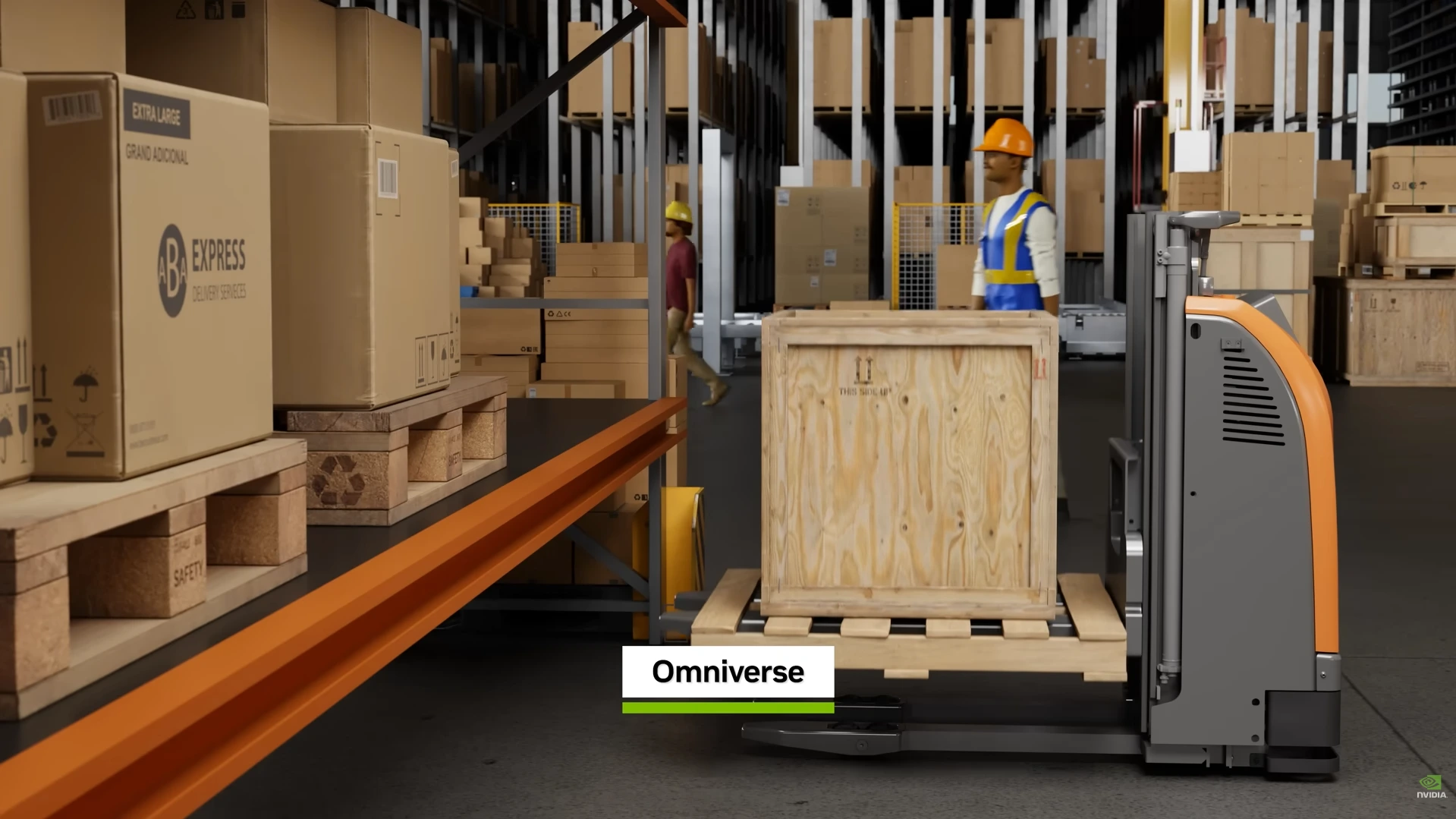 Simulation of a robotic forklift in a virtual warehouse environment.
